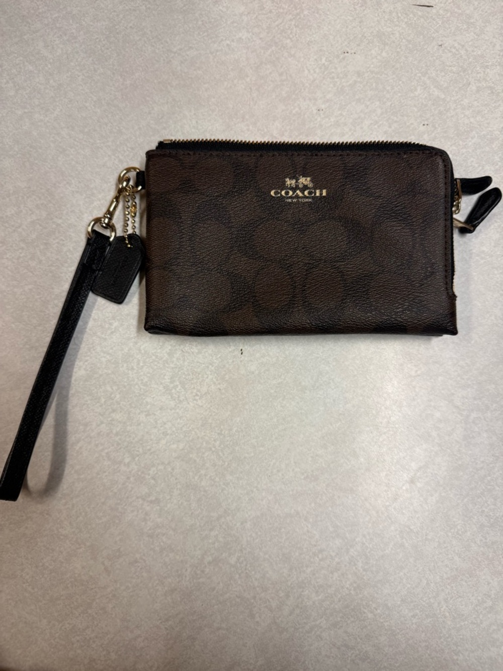Coach Dark Brown Signature Wristlet with Gold Logo